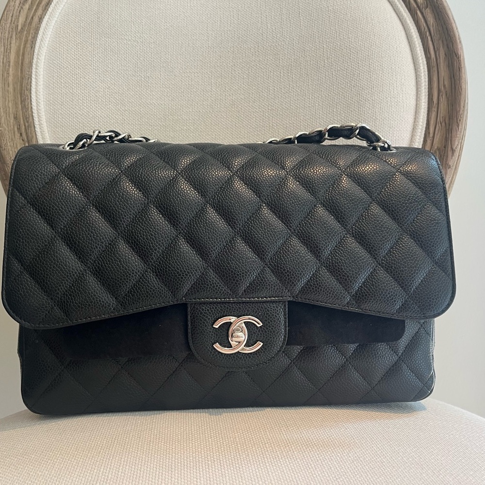 CHANEL Large Black Quilted Handbag with Silver Hardware full set